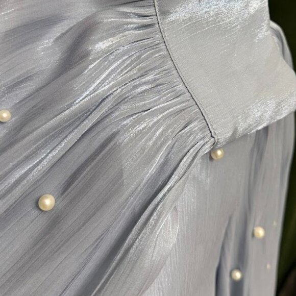 Light Blue Pearl Embellished Sheer Blouse – Long Sleeve Elegant Top - Picture 5 of 7